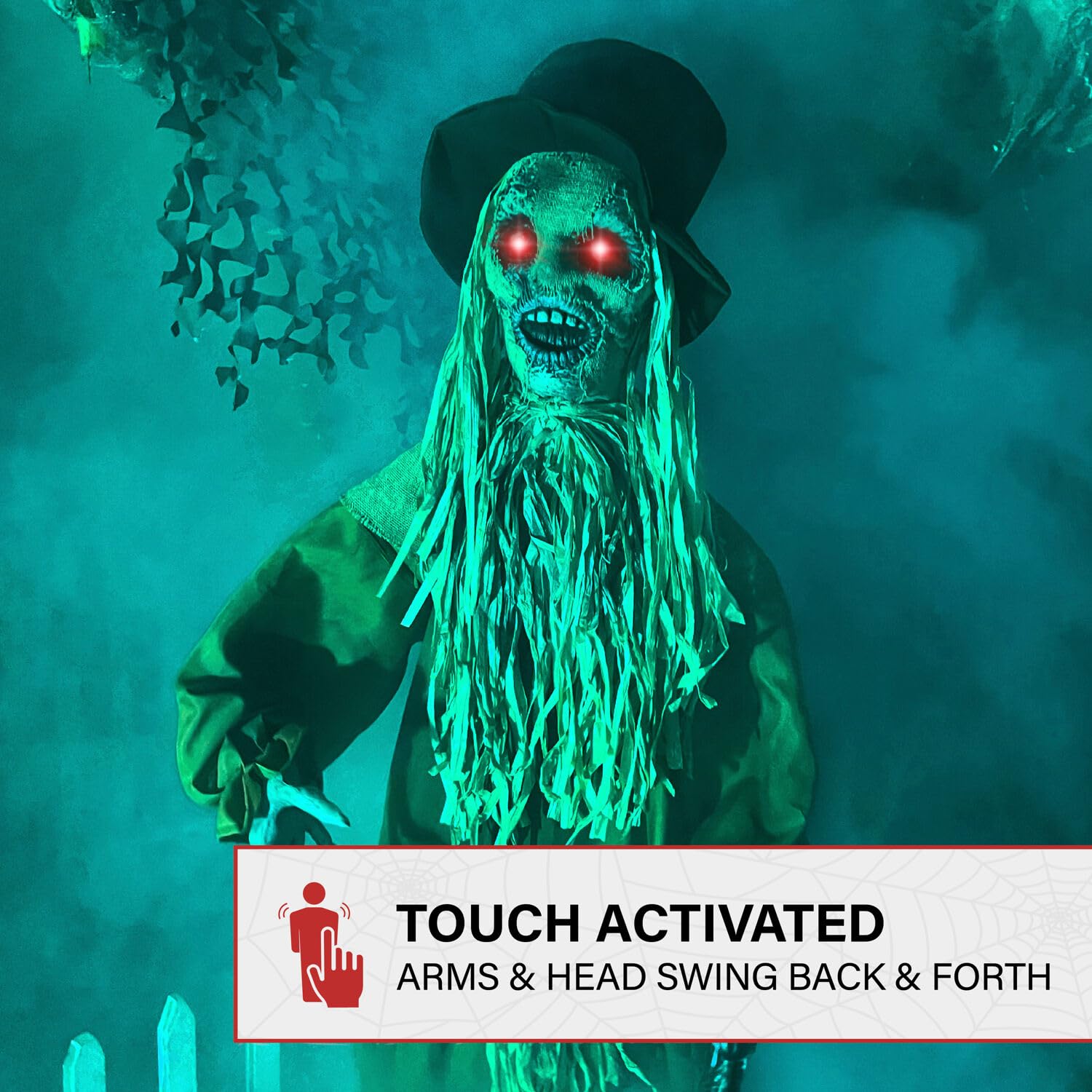 Haunted Hill Farm Lifesize Animatronic Scary Haunted Scarecrow with Touch Activated Lights and Sound, Battery-Operated Indoor or